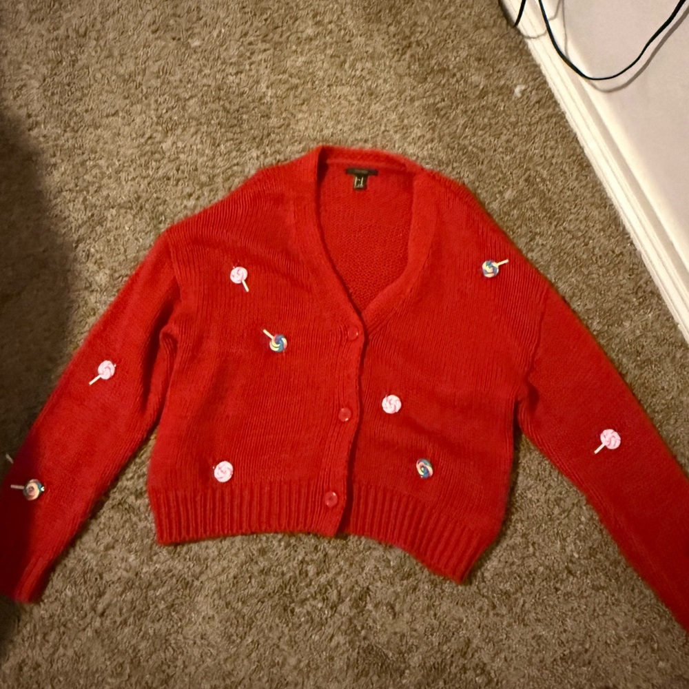 Forever 21 Red Cardigan with Lollipop Accents